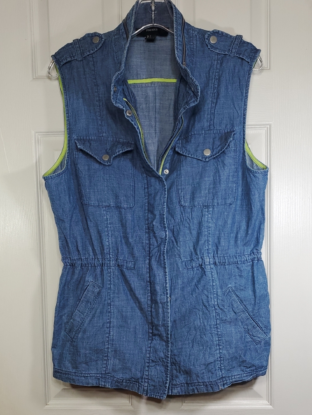 Forever 21 Blue Denim Vest with Lime Green Trim Juniors Size Large